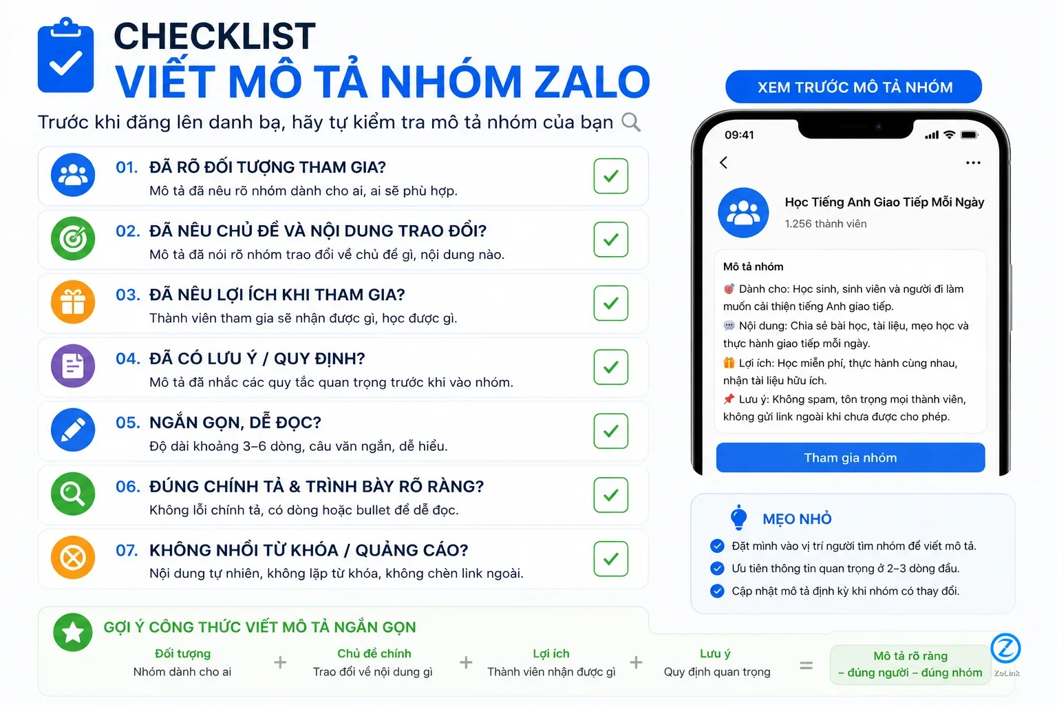Checklist for writing a Zalo group description before listing it in a directory