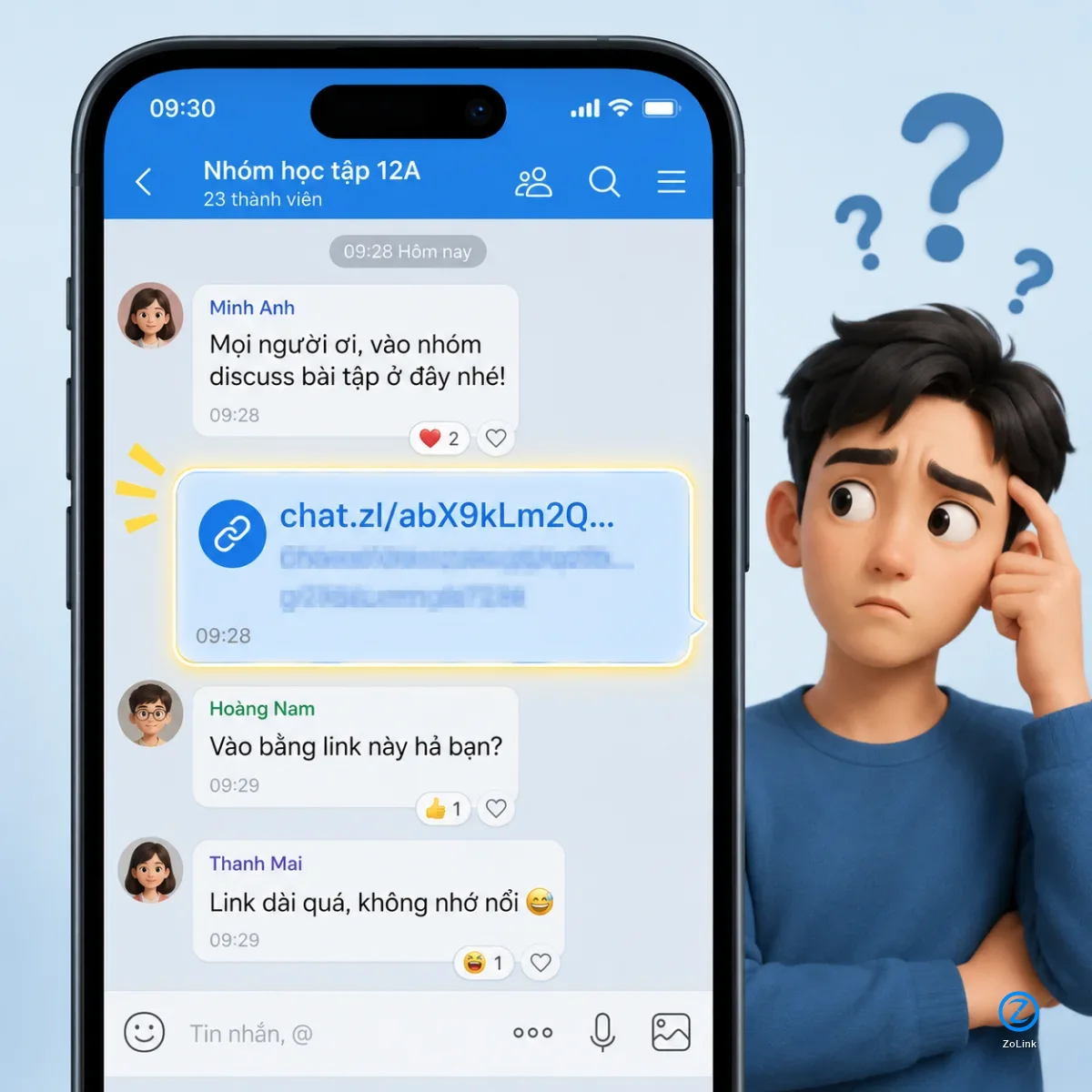 Minh họa link nhóm Zalo toàn ký tự khó nhớ trên màn hình điện thoại