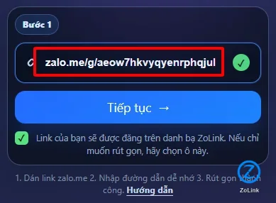 Bước 1 dán link Zalo cần rút gọn