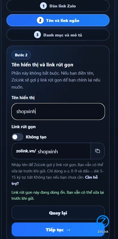 Ảnh chụp bước 2 điền tên hiển thị và link ngắn trên ZoLink