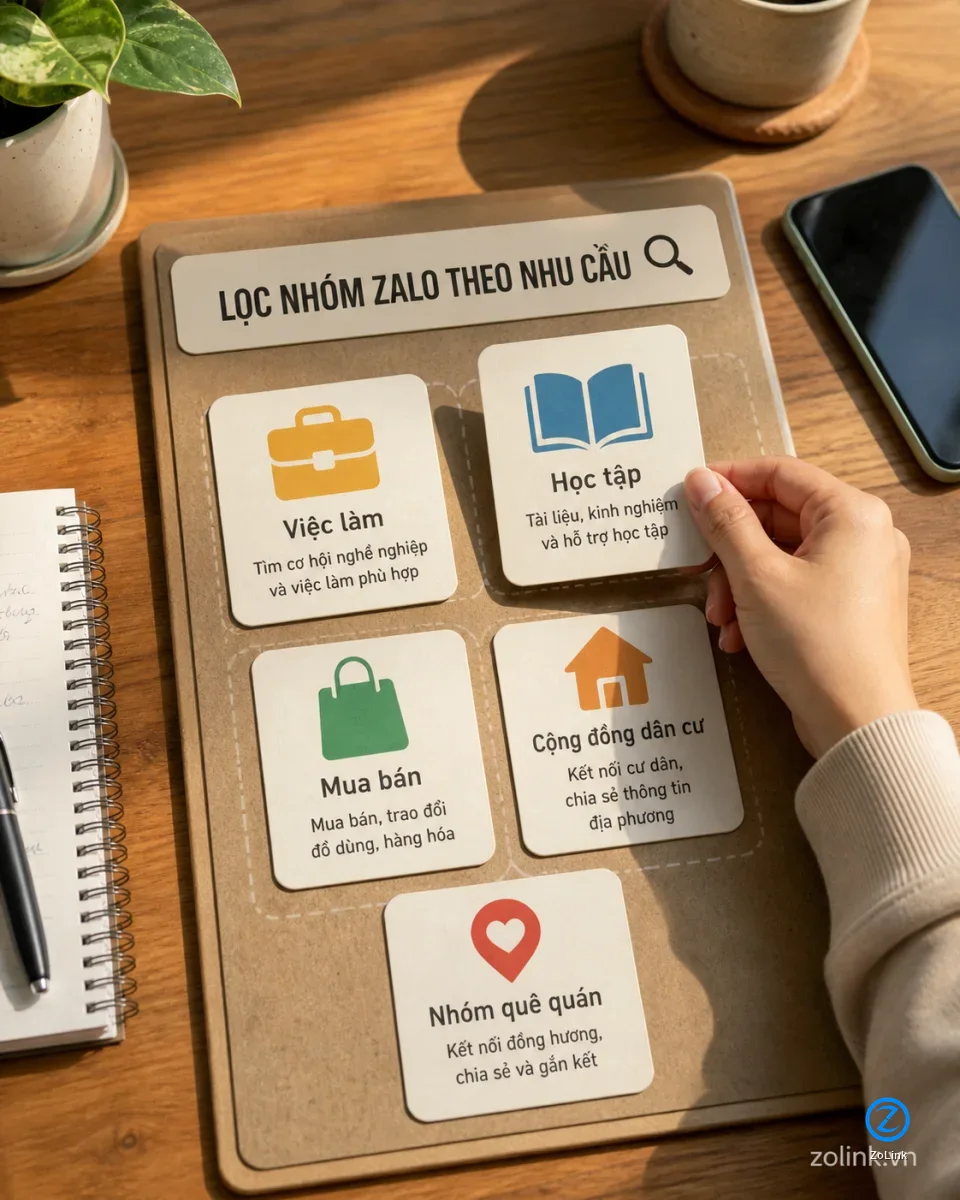 Người dùng lọc nhóm Zalo địa phương theo nhu cầu công việc học tập mua bán