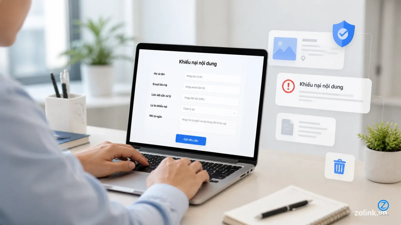 A user submitting a content complaint through a directory website with a simple and clear form interface