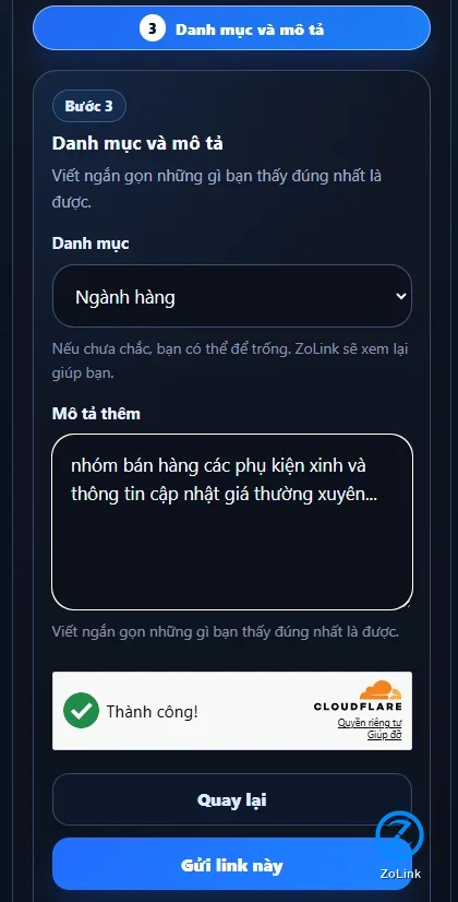 Ảnh chụp bước 3 chọn danh mục, viết mô tả và gửi link lên ZoLink