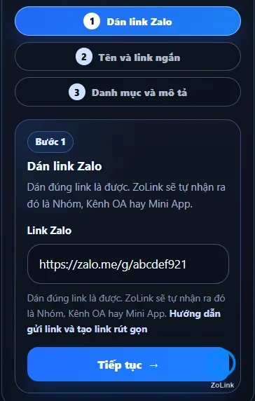 Ảnh chụp bước 1 dán link Zalo gốc vào biểu mẫu gửi link ZoLink