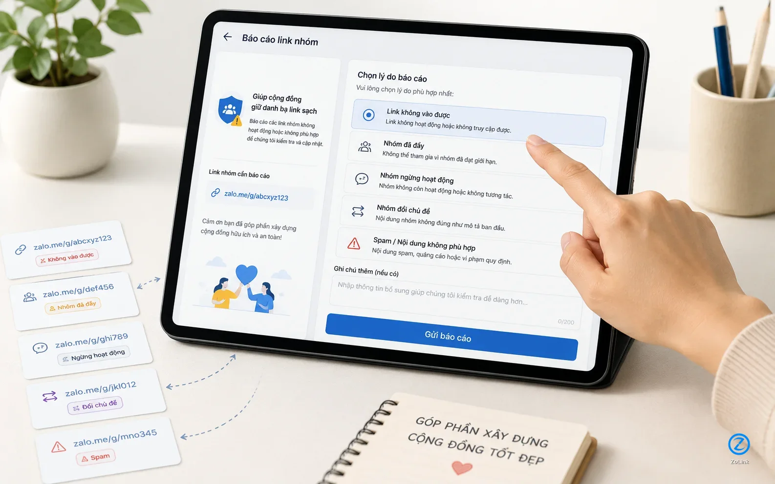 Báo cáo link nhóm Zalo hỏng để danh bạ sạch hơn