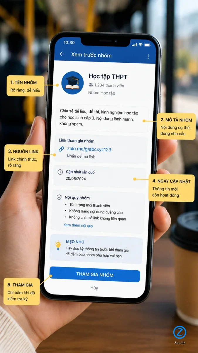 Kiểm tra tên nhóm và mô tả trước khi bấm vào link nhóm Zalo