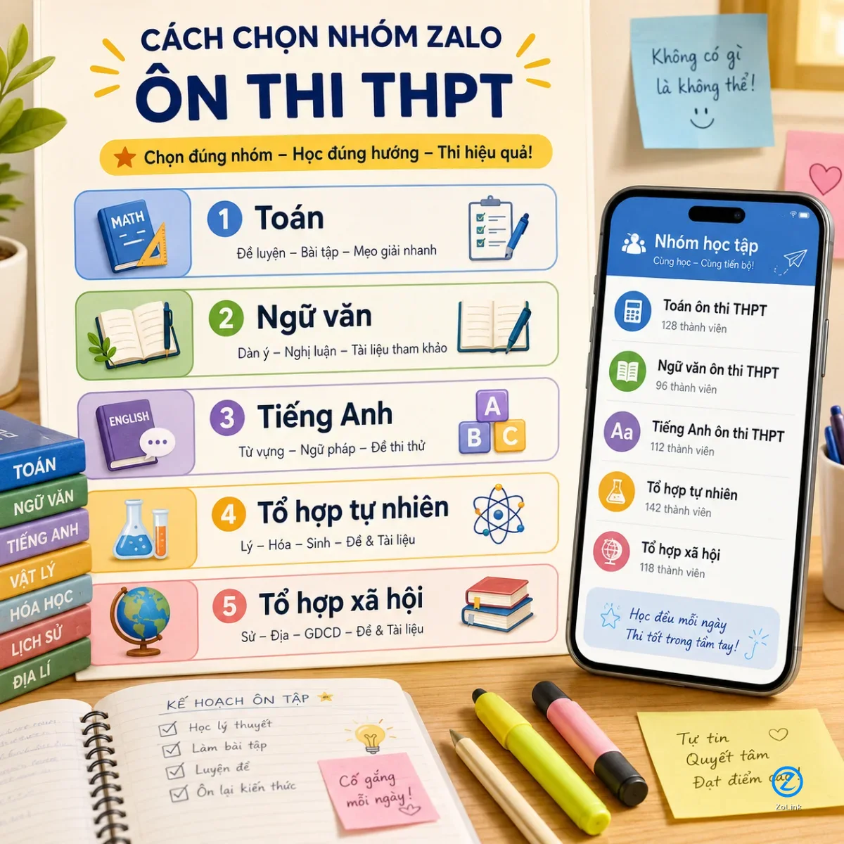 Minh họa cách chọn nhóm Zalo ôn thi THPT theo từng môn học