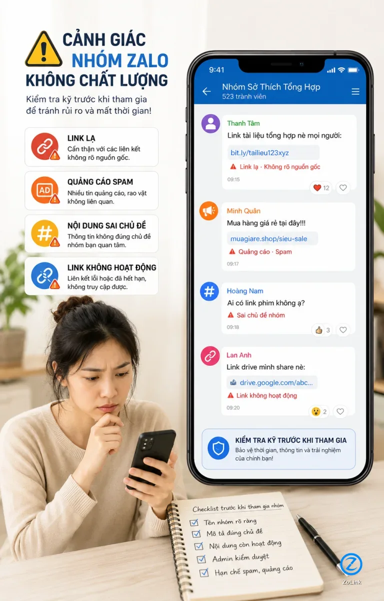 Cách tránh nhóm Zalo spam và link không còn hoạt động