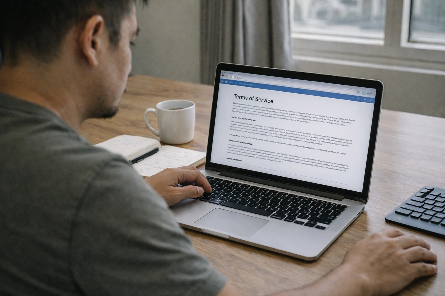 A user reading ZoLink.vn’s Terms of Use on a laptop in a minimalist workspace