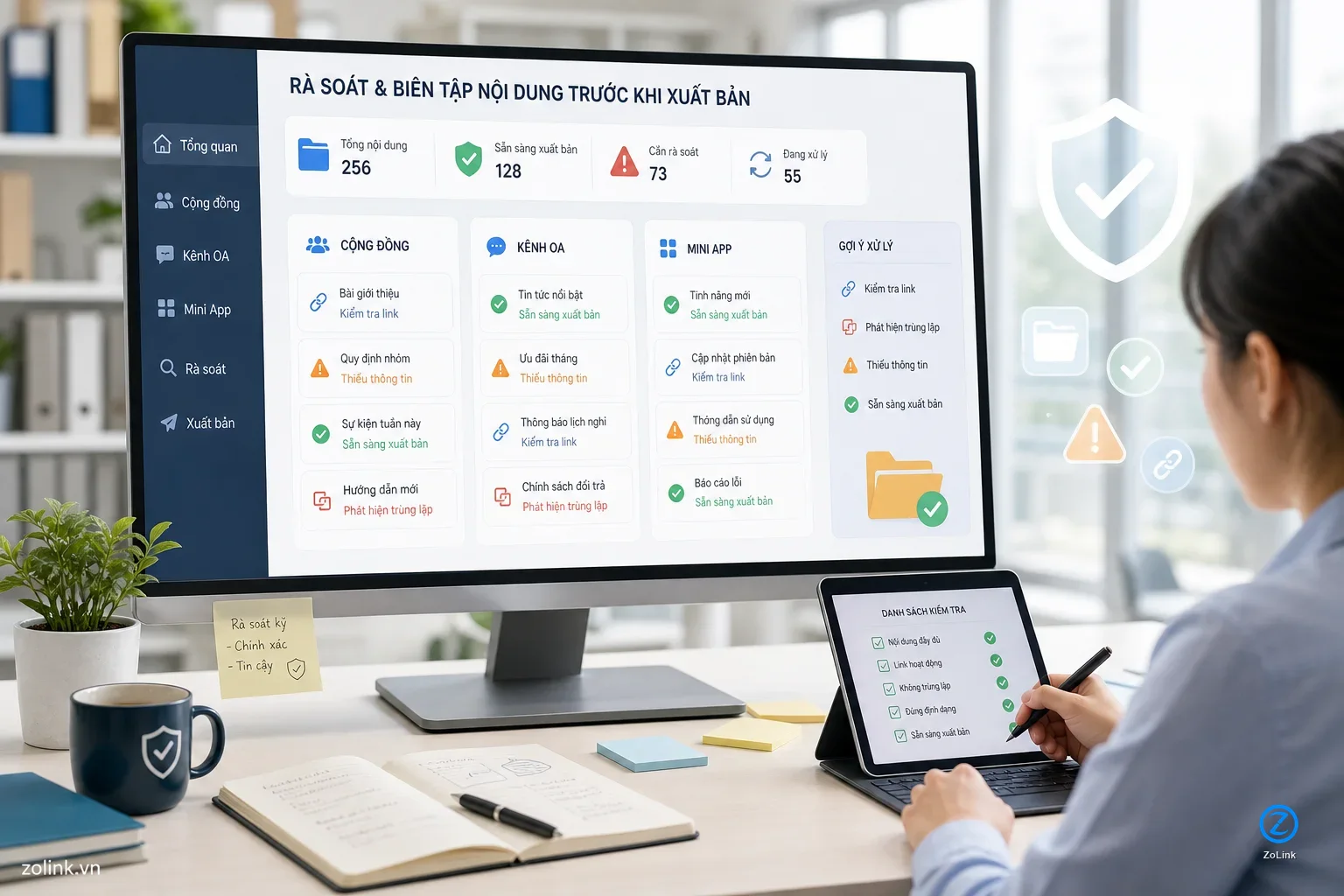 Màn hình thư mục hiển thị các mục nhóm Zalo, kênh OA và Mini App đang được phân loại và kiểm tra trước khi xuất bản