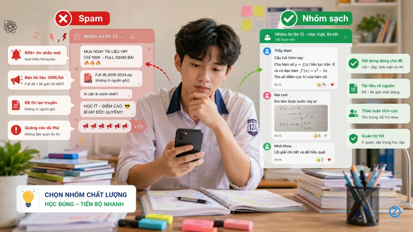 Cách tránh nhóm Zalo ôn thi THPT bị spam hoặc bán tài liệu quá nhiều