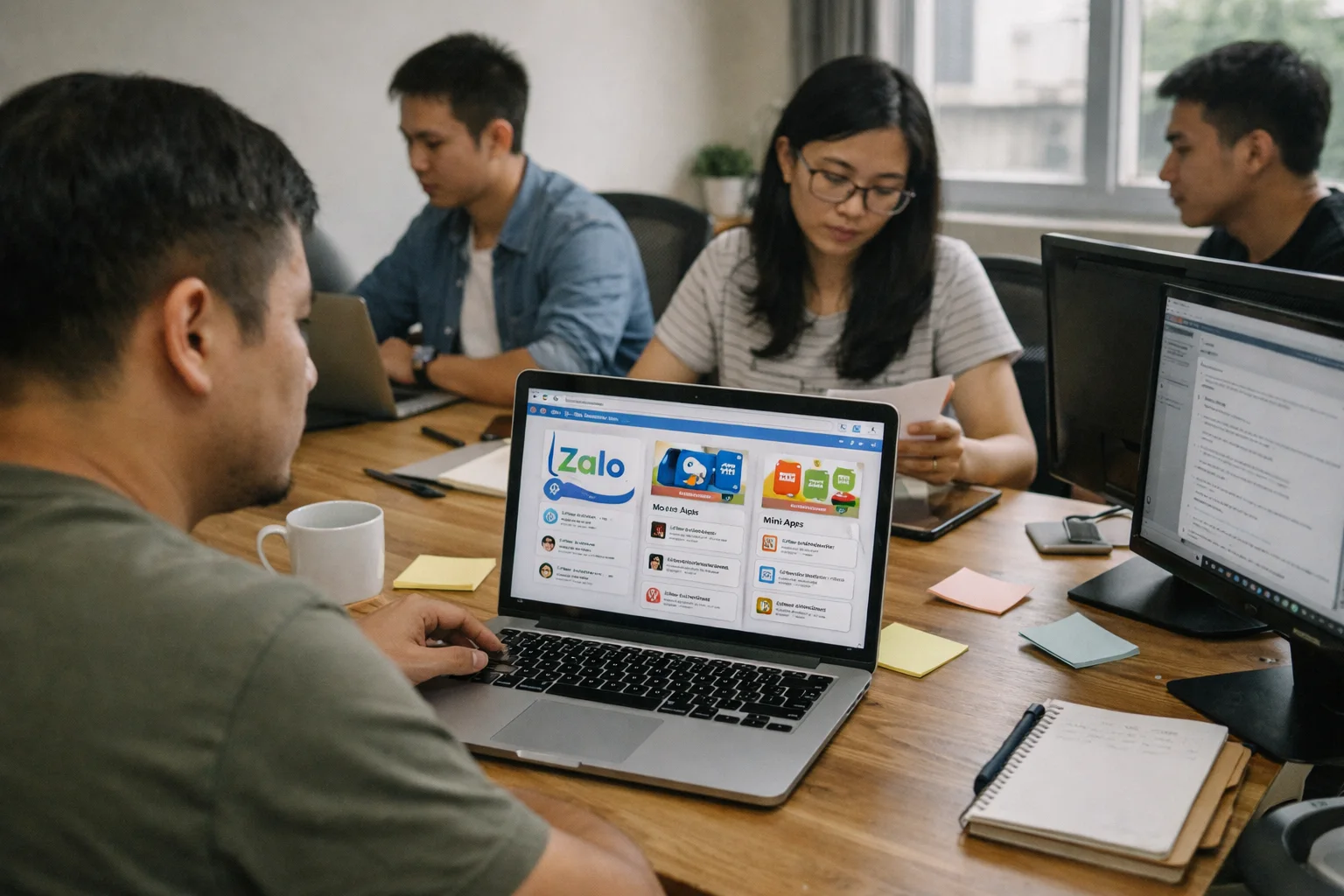 Nhóm phát triển ZoLink đang làm việc trong không gian nhỏ với laptop hiển thị website thư mục nhóm Zalo, kênh OA và Mini App